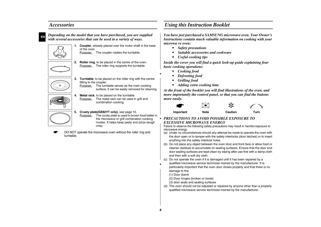 Samsung GE82Y-S/ERP Accessories Using this Instruction Booklet, Coupler, already placed over the motor shaft in the base 