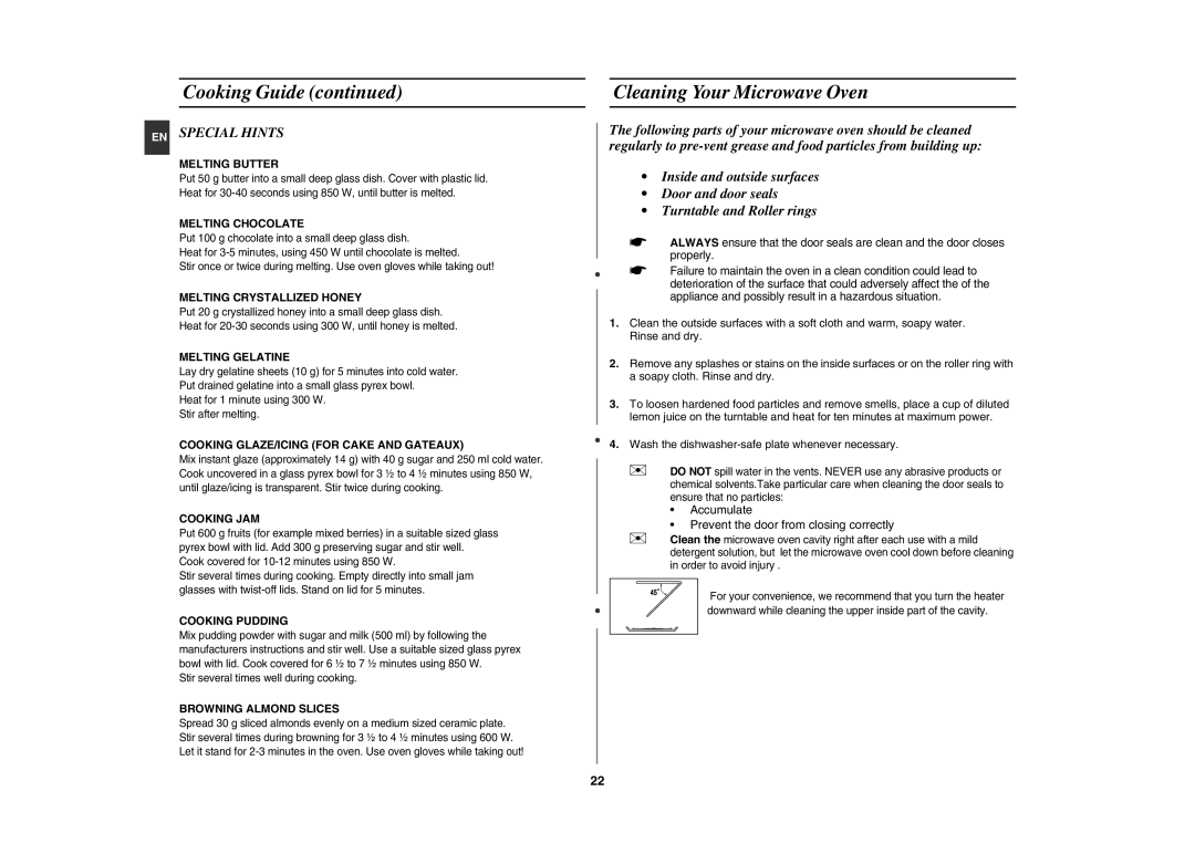 Samsung GE82Y-S/XEH manual Cleaning Your Microwave Oven, EN Special Hints 