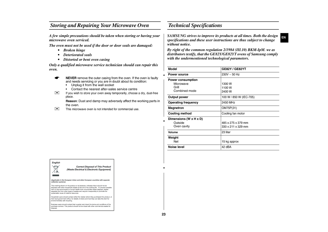 Samsung GE82Y-S/XEH manual Storing and Repairing Your Microwave Oven, Technical Specifications 