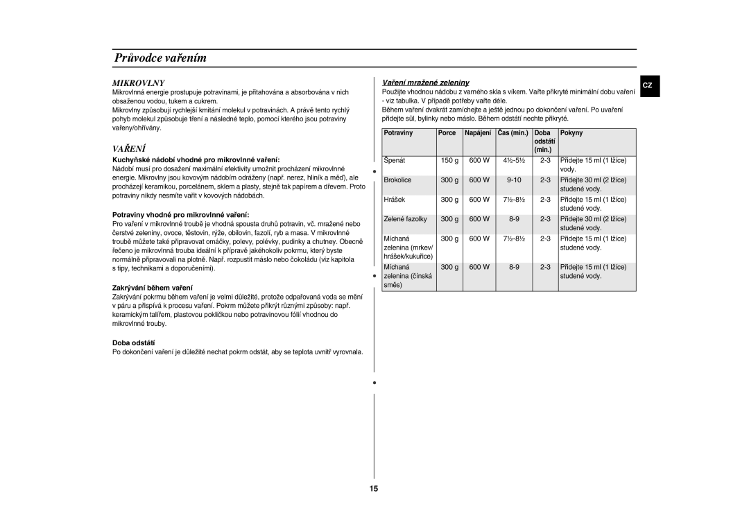 Samsung GE82Y-S/XEH manual Průvodce vařením, Mikrovlny, Vaření mražené zeleniny 