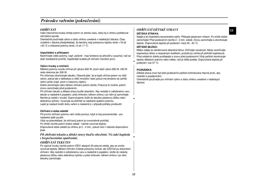 Samsung GE82Y-S/XEH manual Ohřívání Tekutin, Ohřívání Dětské Stravy 