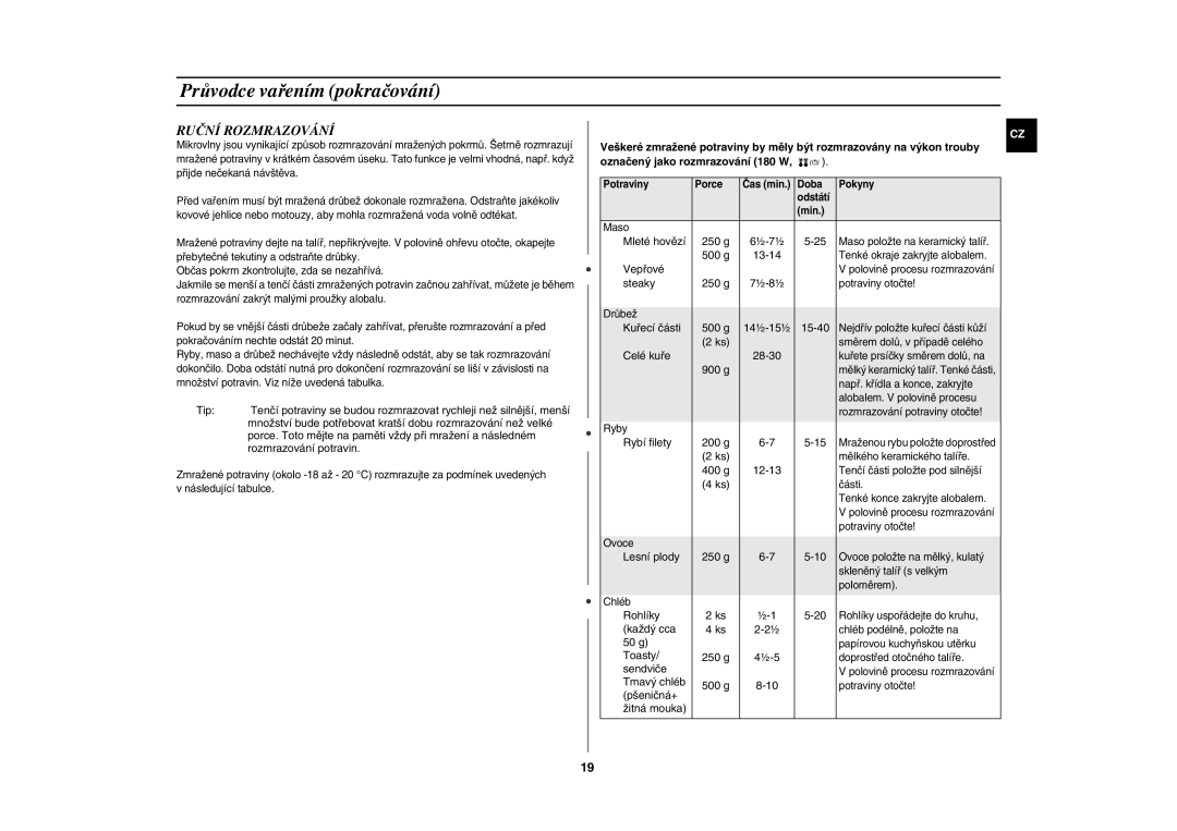 Samsung GE82Y-S/XEH manual Ruční Rozmrazování, Označený jako rozmrazování 180 W 