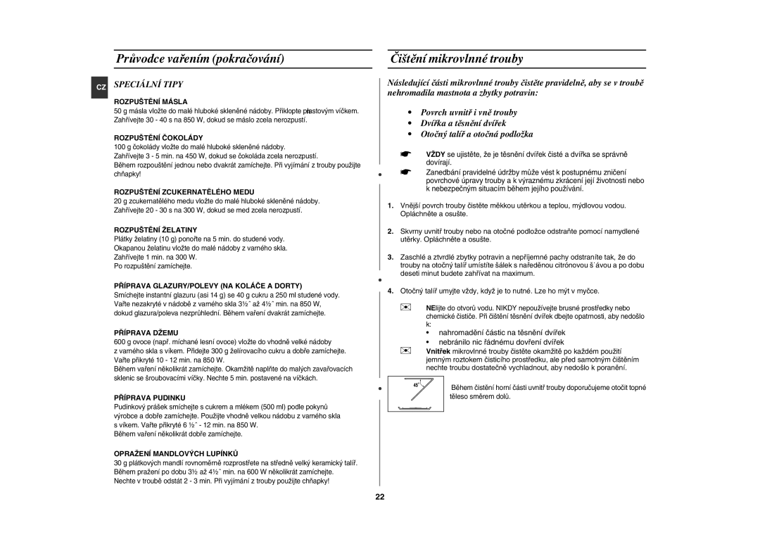 Samsung GE82Y-S/XEH manual Čištění mikrovlnné trouby, CZ Speciální Tipy 