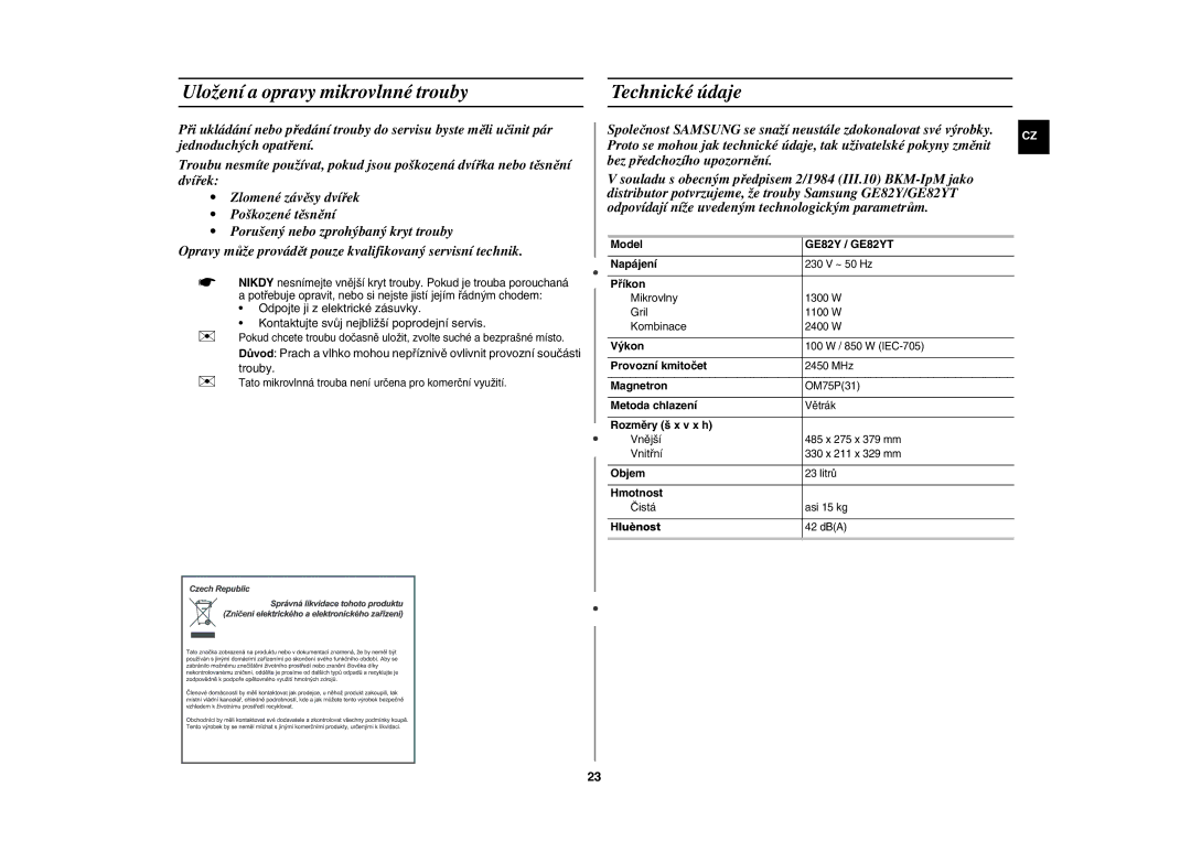 Samsung GE82Y-S/XEH manual Uložení a opravy mikrovlnné trouby, Technické údaje 