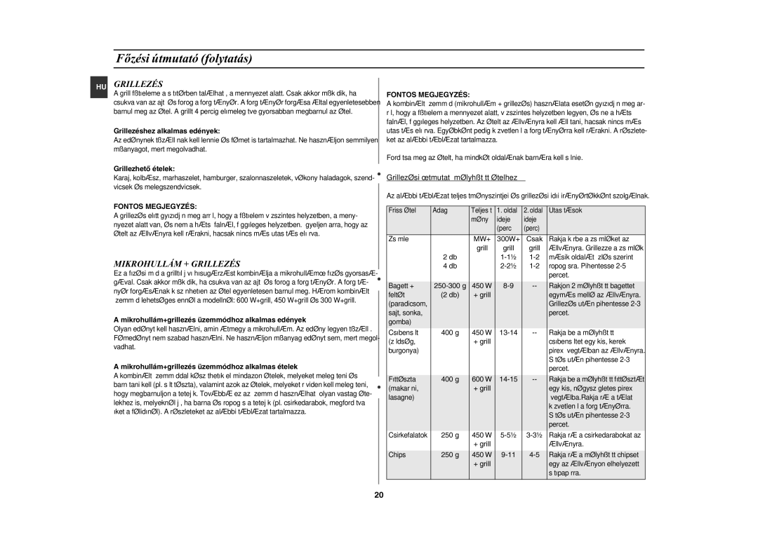 Samsung GE82Y-S/XEH manual HU Grillezés, Mikrohullám + Grillezés, Fontos Megjegyzés, Mw+ 