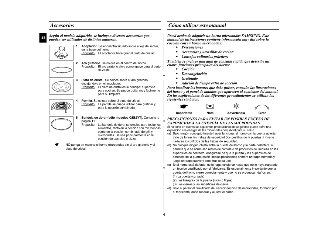 Samsung GE82Y/XEC Accesorios Cómo utilizar este manual, Bandeja de dorar sólo modelos GE82YT, Consulte la página 