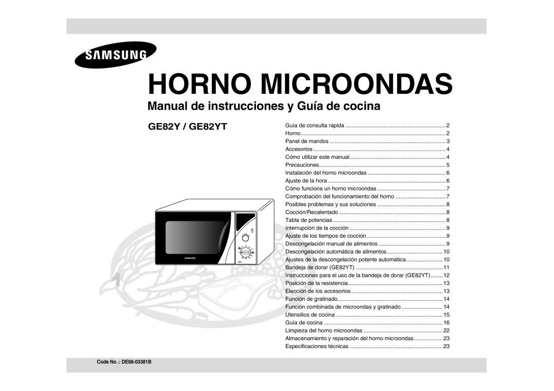 Samsung GE82Y-S/XEC, GE82Y/XEC manual Horno Microondas, Manual de instrucciones y Guía de cocina, GE82Y / GE82YT 