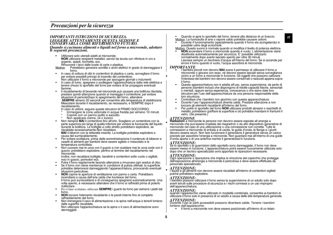 Samsung GE82Y/XET, GE82Y/XEC, GE82Y-S/XET manual Precauzioni per la sicurezza, Importante, Attenzione 