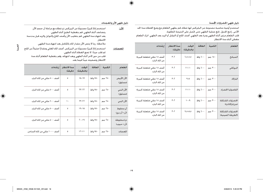 Samsung GE83A/ZAM تانجعلماو زرلأا يهط ليلد, يهطلا ءانثأ قبطلا ةيطغتب مق .يهطلا ءانثأ فعاضتي, ةدملمجا تاوارضلخا يهط ليلد 