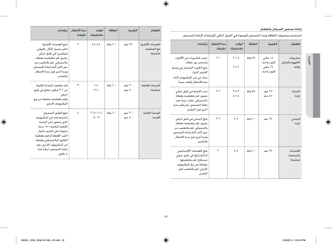 Samsung GE83A/ZAM manual ماعطلاو لئاوسلا ينخست ةداعإ 