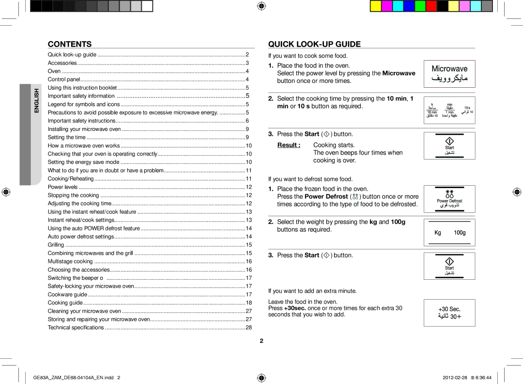 Samsung GE83A/ZAM manual Contents, Quick look-up guide 