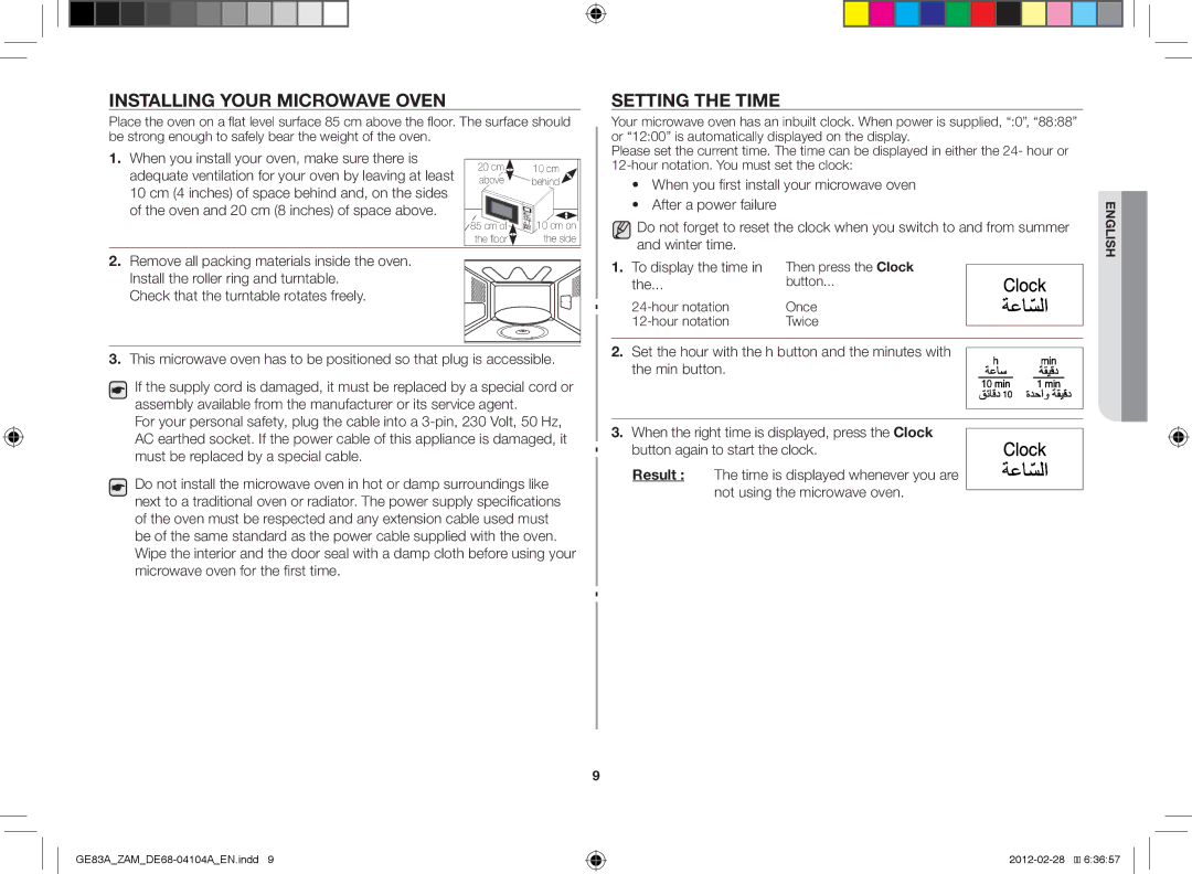 Samsung GE83A/ZAM manual Installing your microwave oven, Setting the time, Hour notation. You must set the clock, Button 