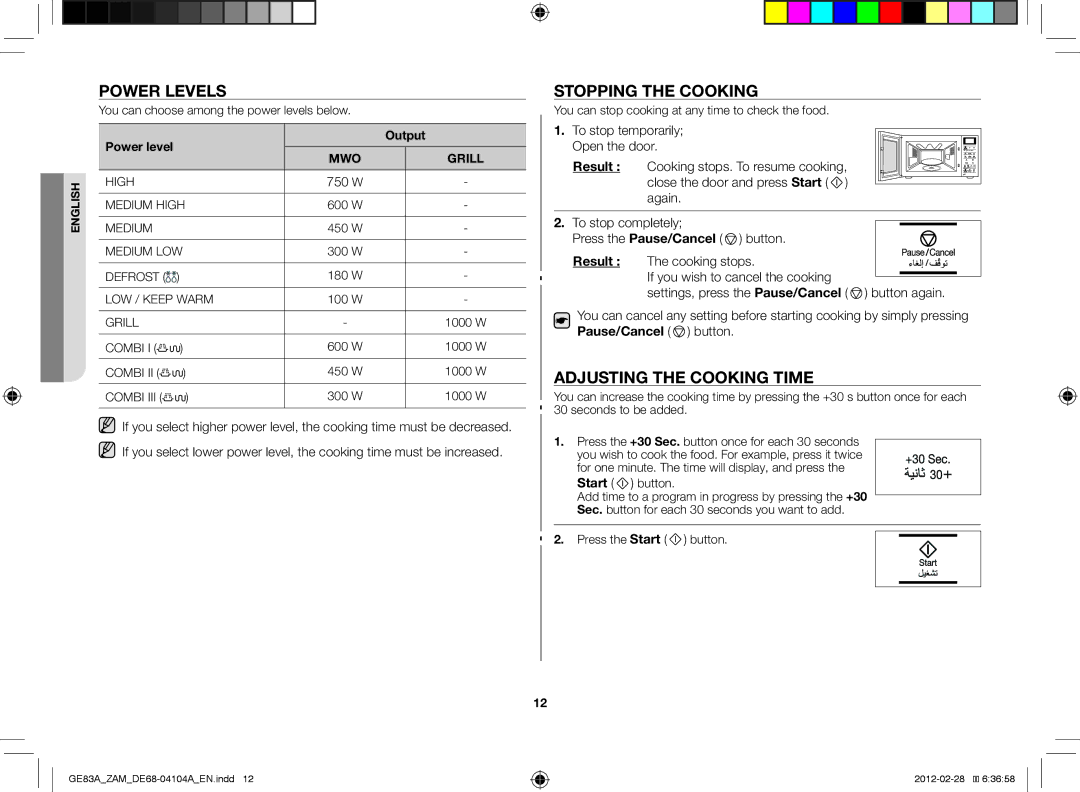 Samsung GE83A/ZAM manual Power levels, Stopping the cooking, Adjusting the cooking time, 750 W, Output 