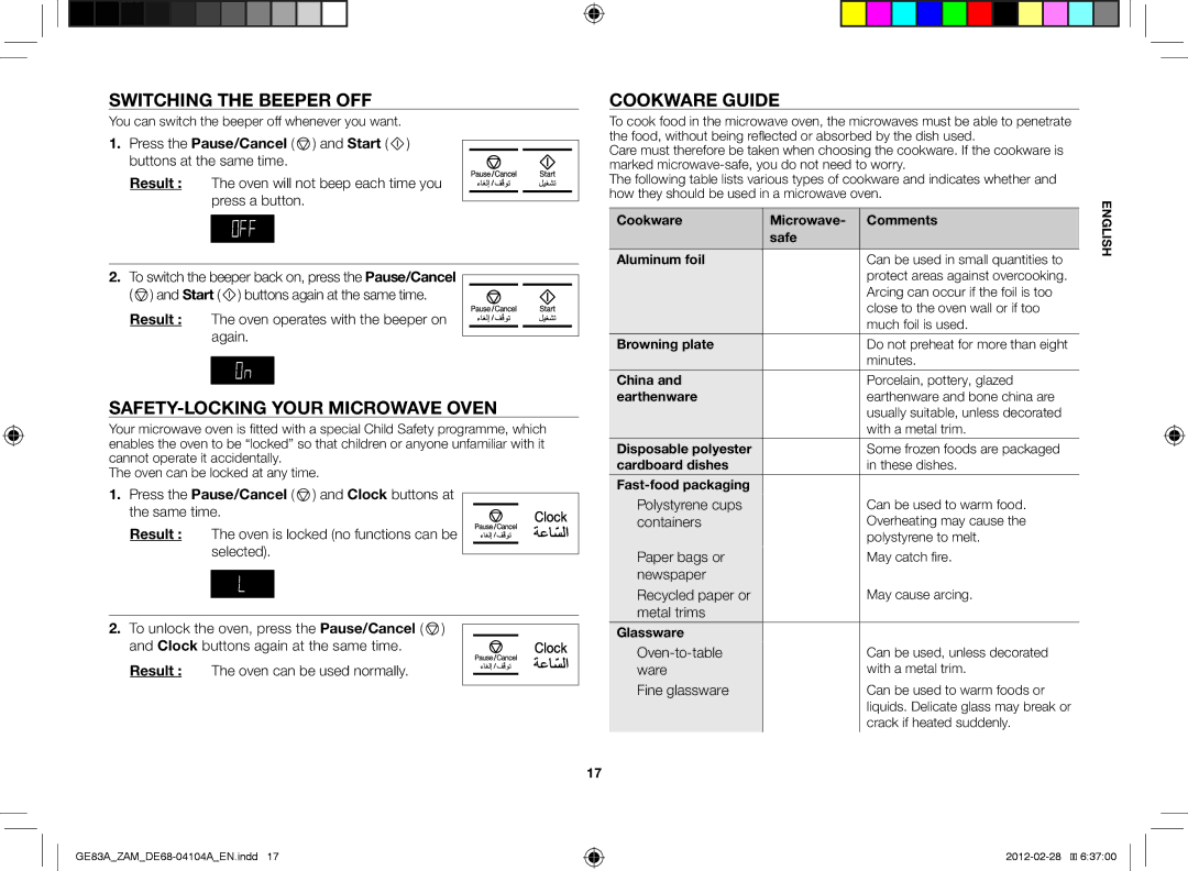 Samsung GE83A/ZAM manual Switching the beeper off, Safety-locking your microwave oven, Cookware guide 