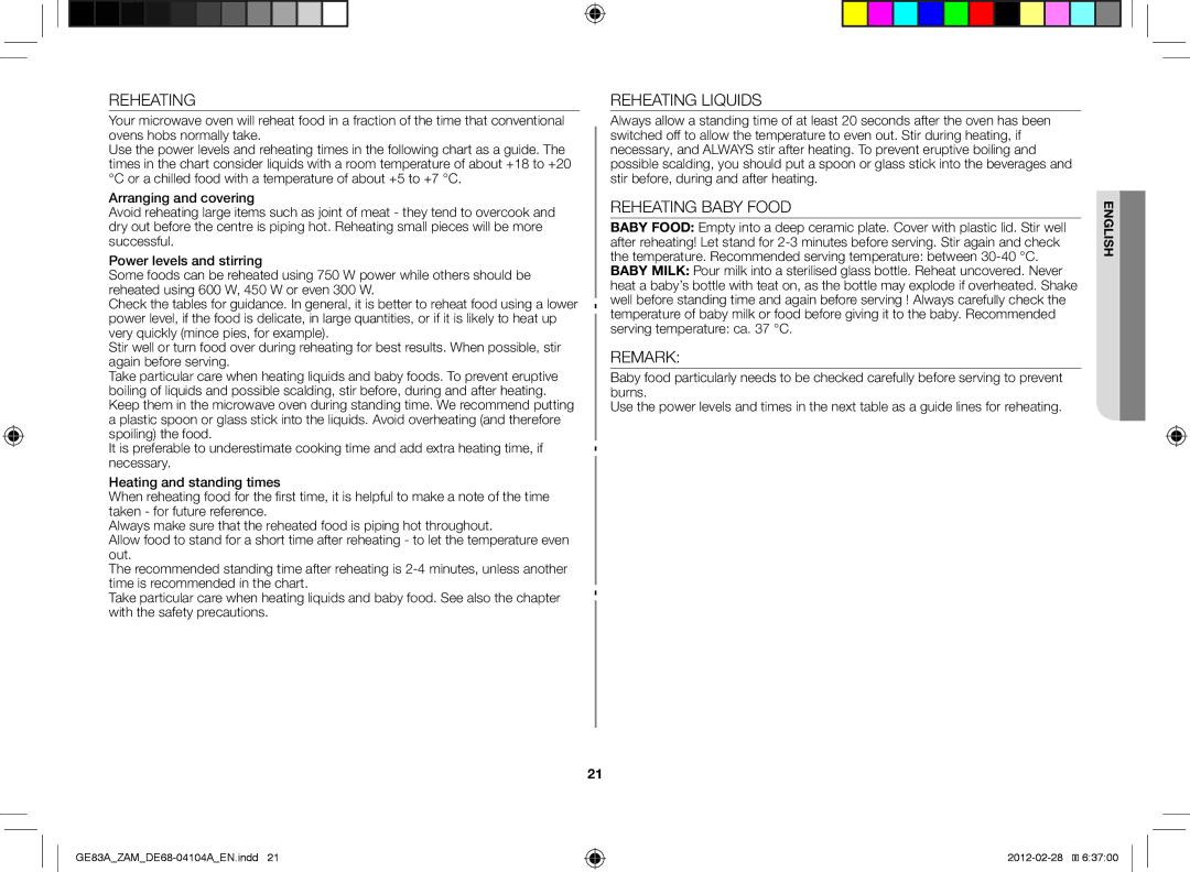 Samsung GE83A/ZAM manual Reheating 