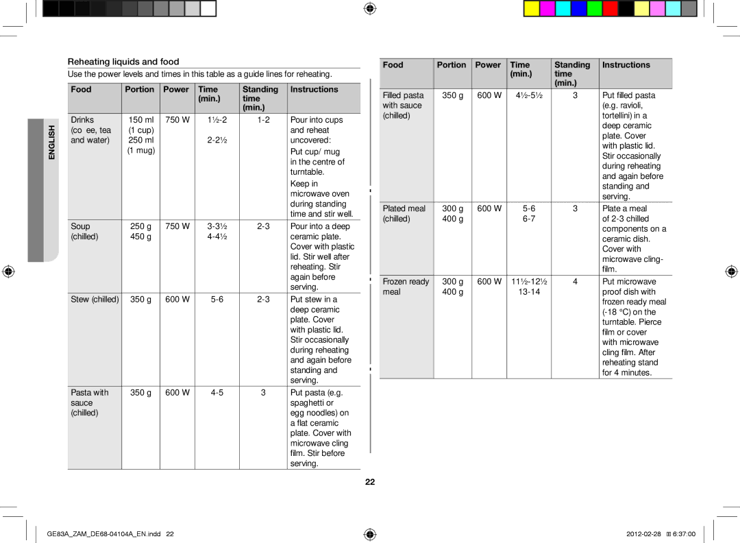 Samsung GE83A/ZAM manual Reheating liquids and food 