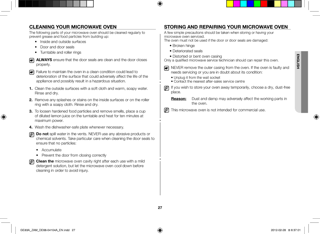 Samsung GE83A/ZAM manual Cleaning your microwave oven, Storing and repairing your microwave oven 