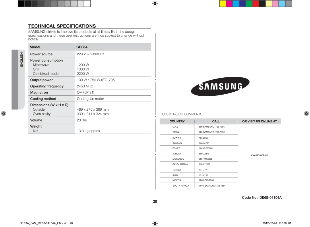 Samsung GE83A/ZAM manual Technical specifications, Model, Code No. DE68-04104A 