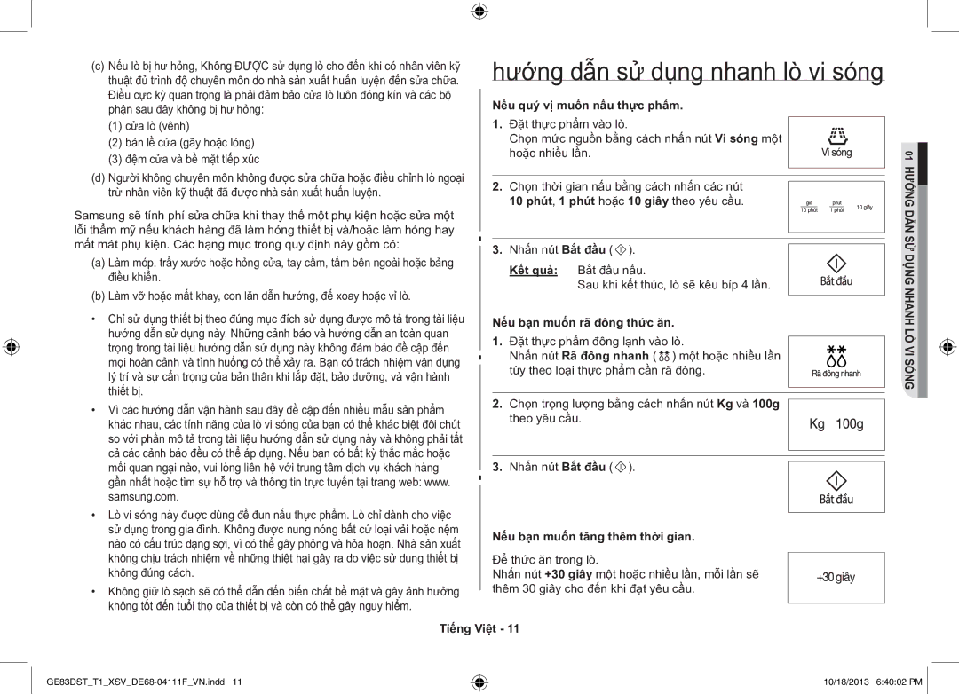 Samsung GE83DST-T1/XSV Hướng dẫn sử dụng nhanh lò vi sóng, Nếu quý vị muốn nấu thực phẩm, Nếu bạn muốn rã đông thức ăn 