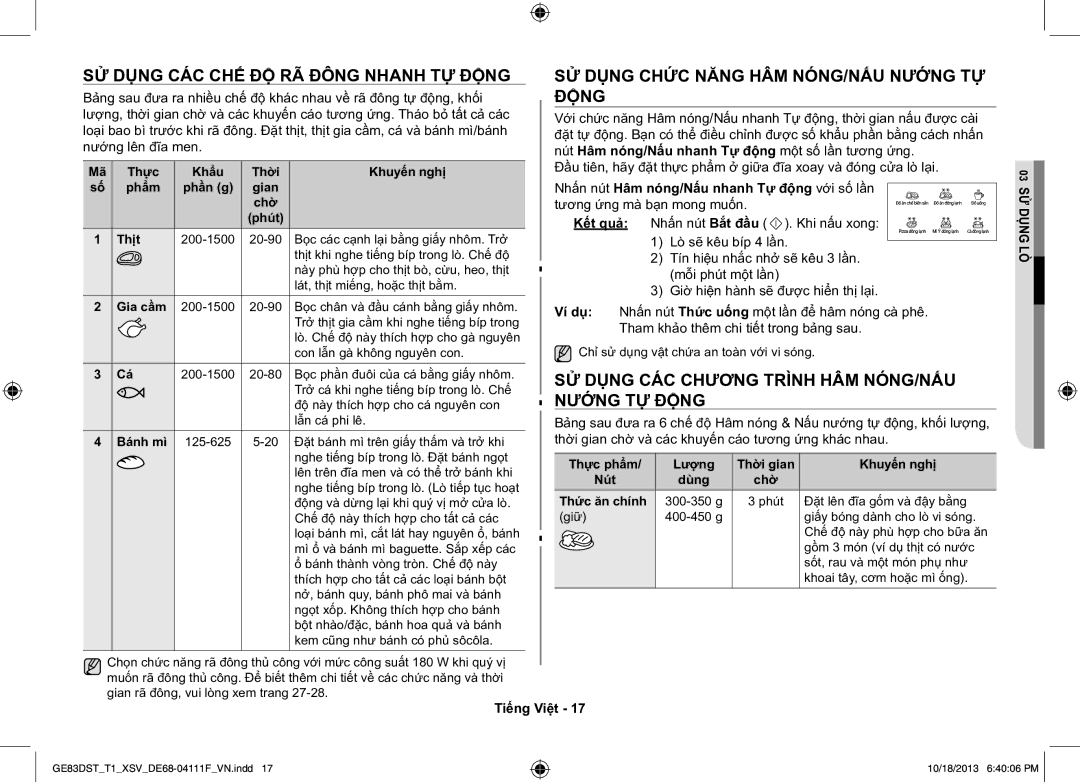 Samsung GE83DST-T1/XSV manual SỬ Dụng CÁC Chương Trình HÂM NÓNG/NẤU, Nướng TỰ Động 