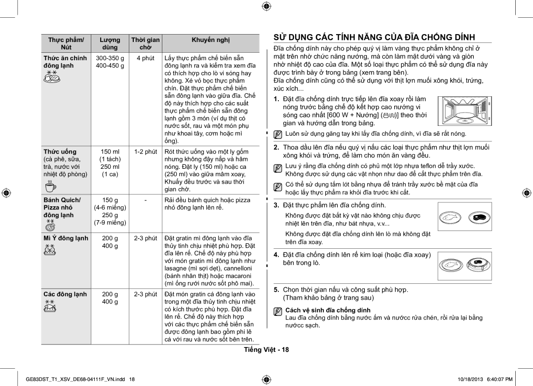 Samsung GE83DST-T1/XSV manual SỬ Dụng CÁC Tính Năng CỦA ĐĨA Chống Dính, Đặt thực phẩm lên đĩa chống dính 