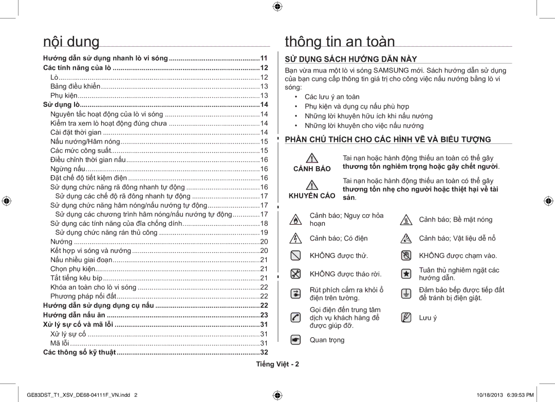 Samsung GE83DST-T1/XSV manual Nội dung Thông tin an toàn 