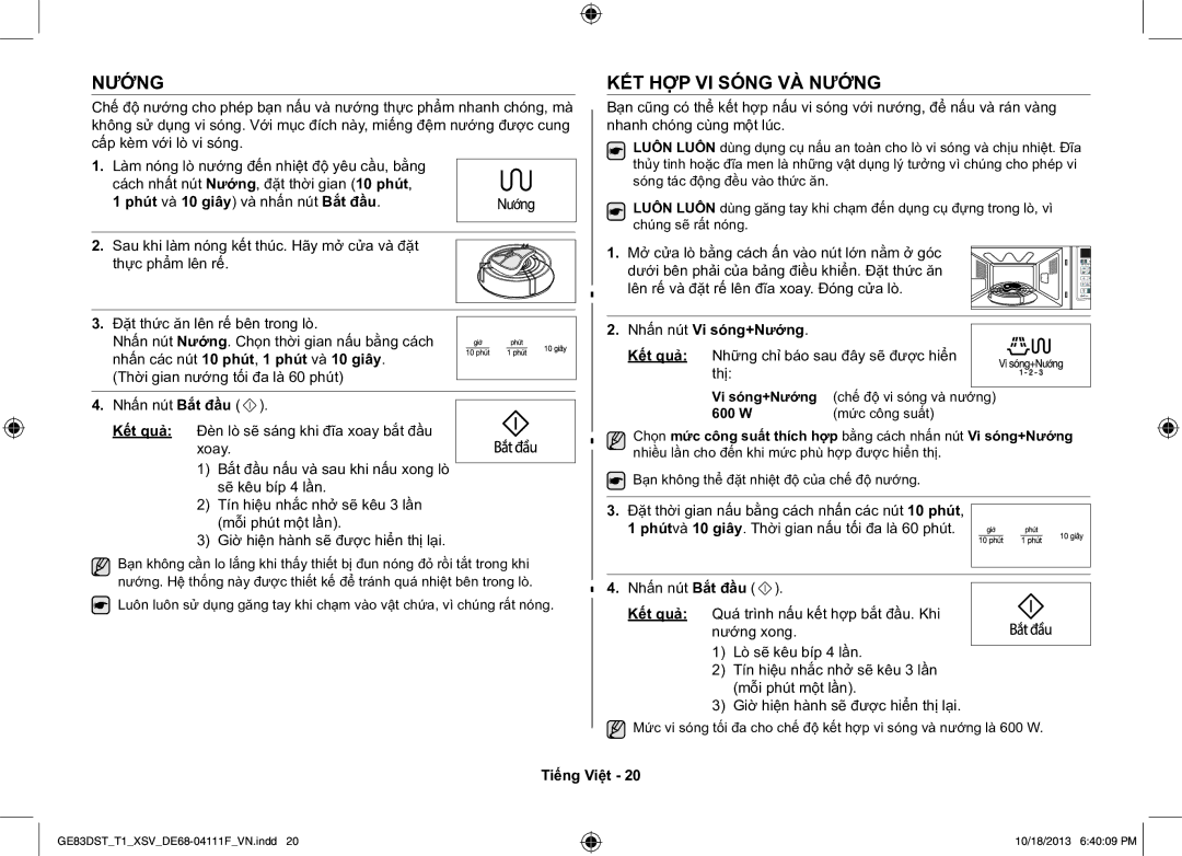 Samsung GE83DST-T1/XSV manual KẾT HỢP VI Sóng VÀ Nướng, Phút và 10 giây và nhấn nút Bắt đầu, Nhấn nút Vi sóng+Nướng 