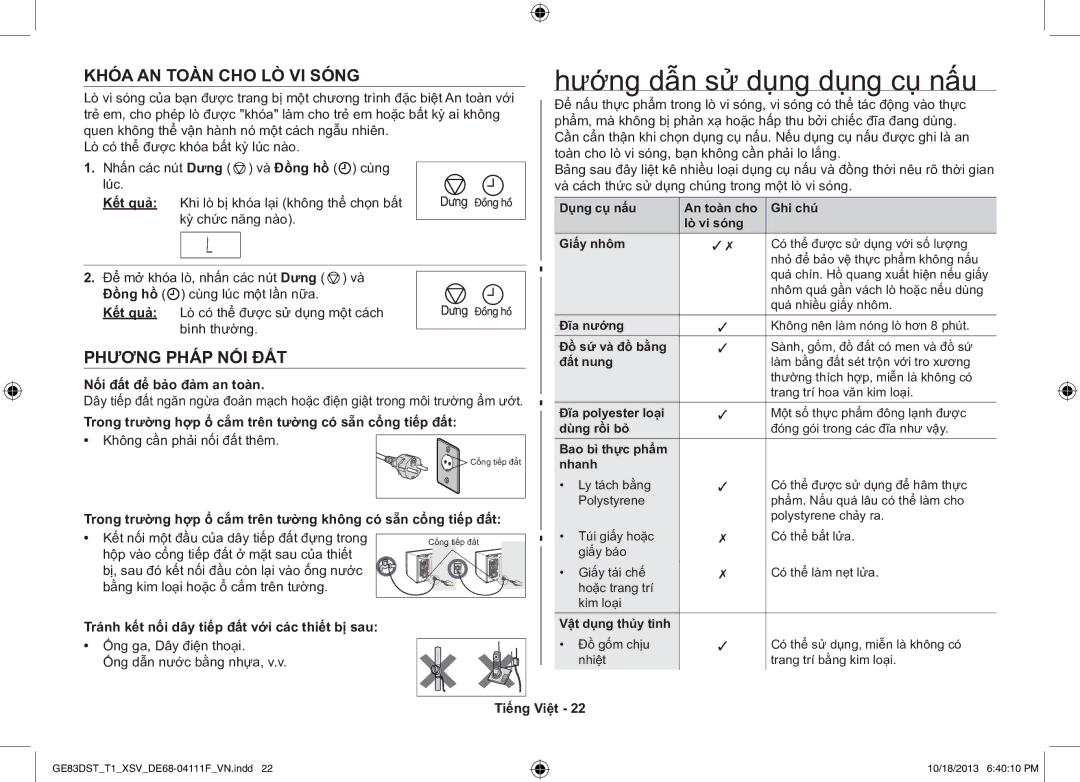 Samsung GE83DST-T1/XSV manual Hướng dẫn sử dụng dụng cụ nấu, Khóa AN Toàn CHO LÒ VI Sóng, Phương Pháp NỐI ĐẤT 