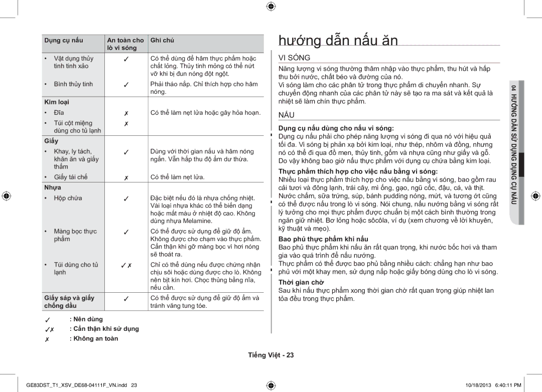 Samsung GE83DST-T1/XSV manual Hướng dẫn nấu ăn, VI Sóng, Nấu 