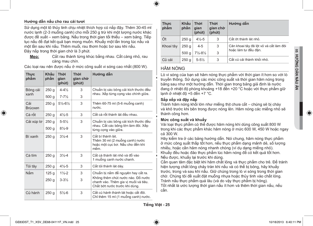 Samsung GE83DST-T1/XSV manual HÂM Nóng, Hướng dẫn nấu cho rau cải tươi, Sắp xếp và đậy nắp, Mức công suất và khuấy 