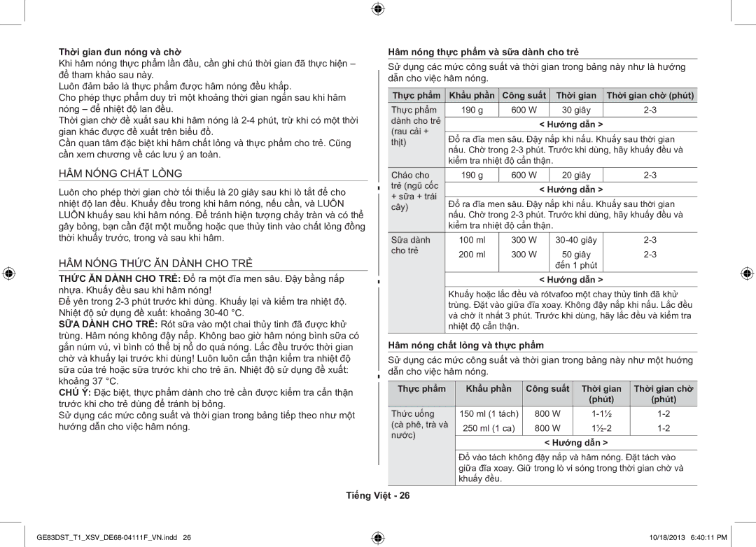 Samsung GE83DST-T1/XSV manual HÂM Nóng Chất Lỏng, HÂM Nóng Thức ĂN Dành CHO TRẺ, Thời gian đun nóng và chờ 