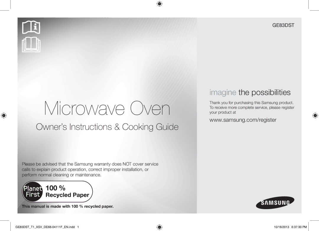 Samsung GE83DST-T1/XSV Microwave Oven, This manual is made with 100 % recycled paper 