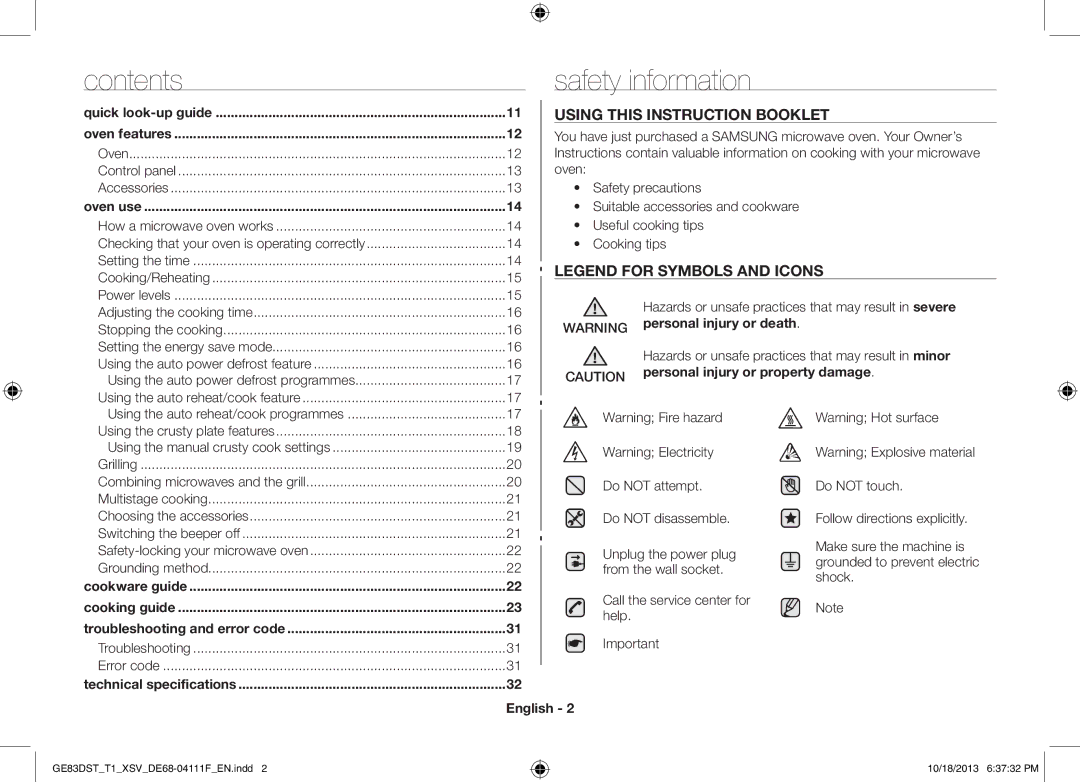 Samsung GE83DST-T1/XSV manual Contents Safety information 