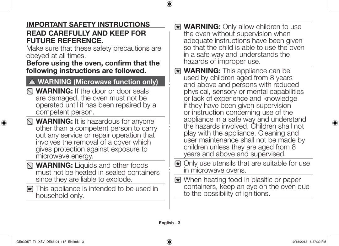 Samsung GE83DST-T1/XSV manual Read Carefully and Keep for Future Reference 