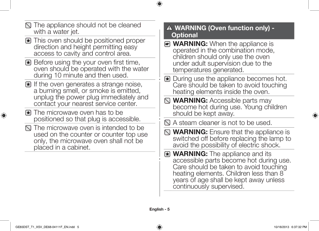 Samsung GE83DST-T1/XSV manual Appliance should not be cleaned with a water jet 