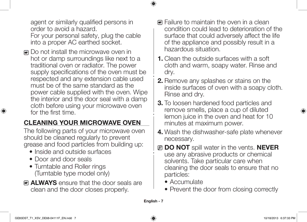 Samsung GE83DST-T1/XSV manual Cleaning Your Microwave Oven 