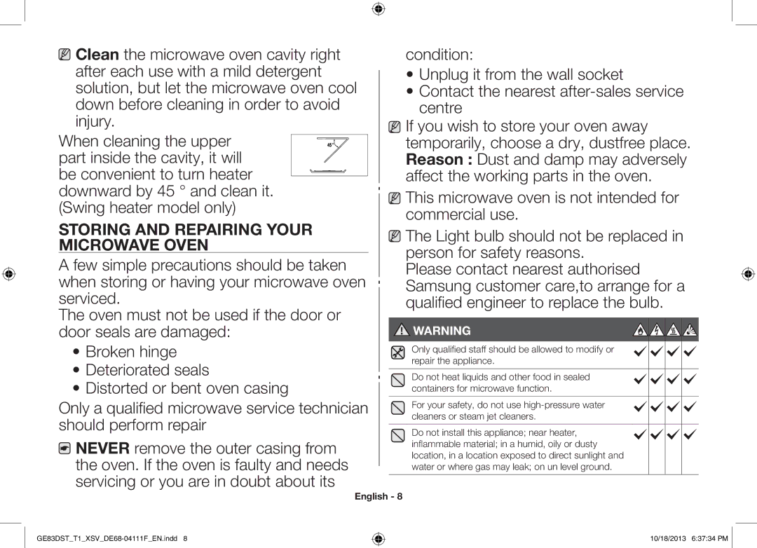 Samsung GE83DST-T1/XSV manual Storing and Repairing Your Microwave Oven 