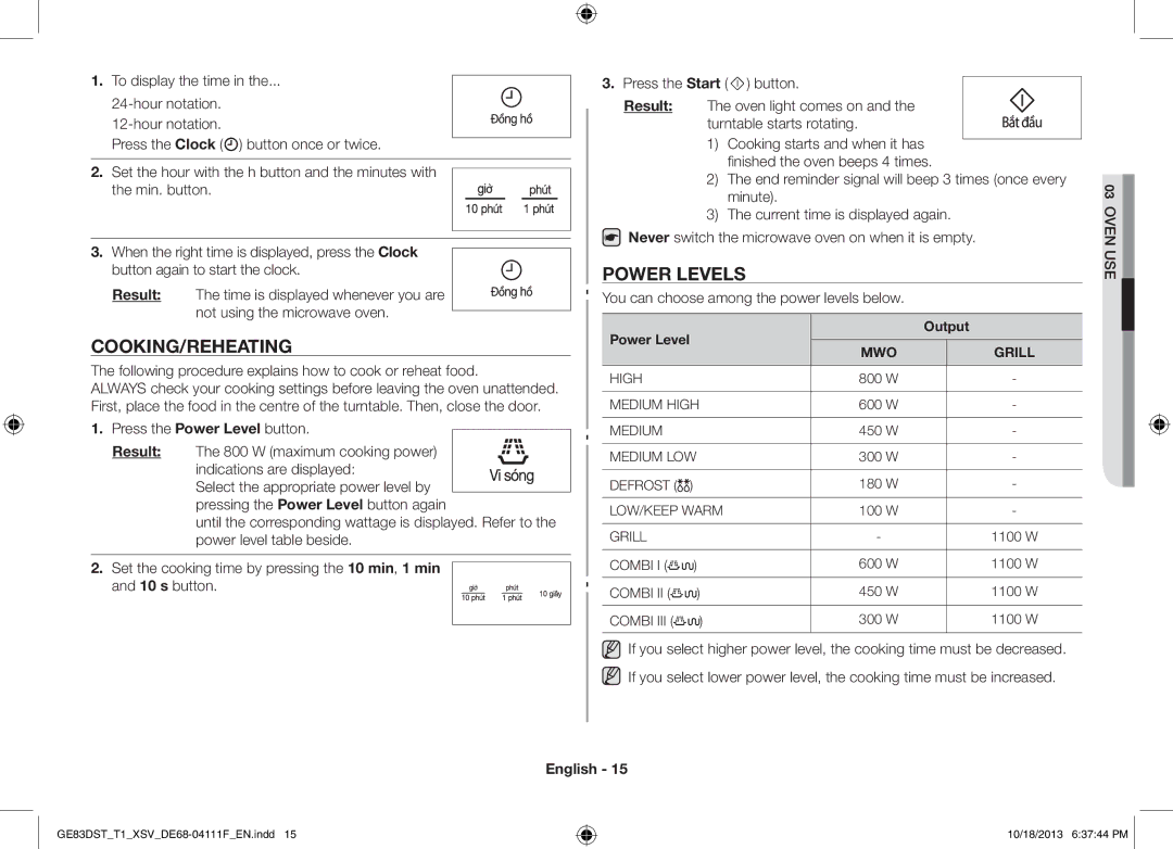 Samsung GE83DST-T1/XSV Cooking/Reheating, Power Levels, Following procedure explains how to cook or reheat food, Output 