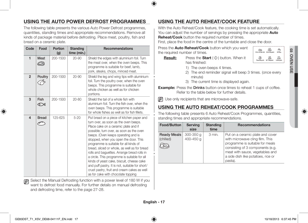 Samsung GE83DST-T1/XSV manual Using the Auto Power Defrost Programmes, Using the Auto REHEAT/COOK Feature 