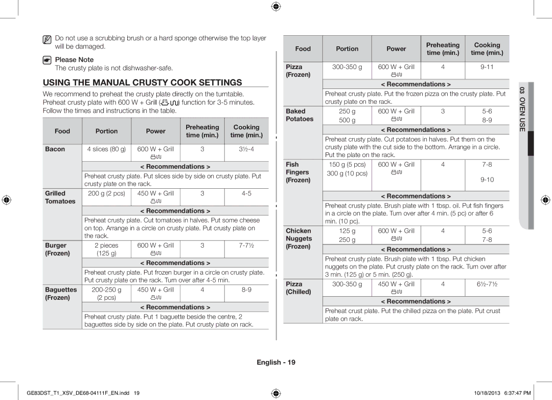 Samsung GE83DST-T1/XSV manual Using the Manual Crusty Cook Settings 