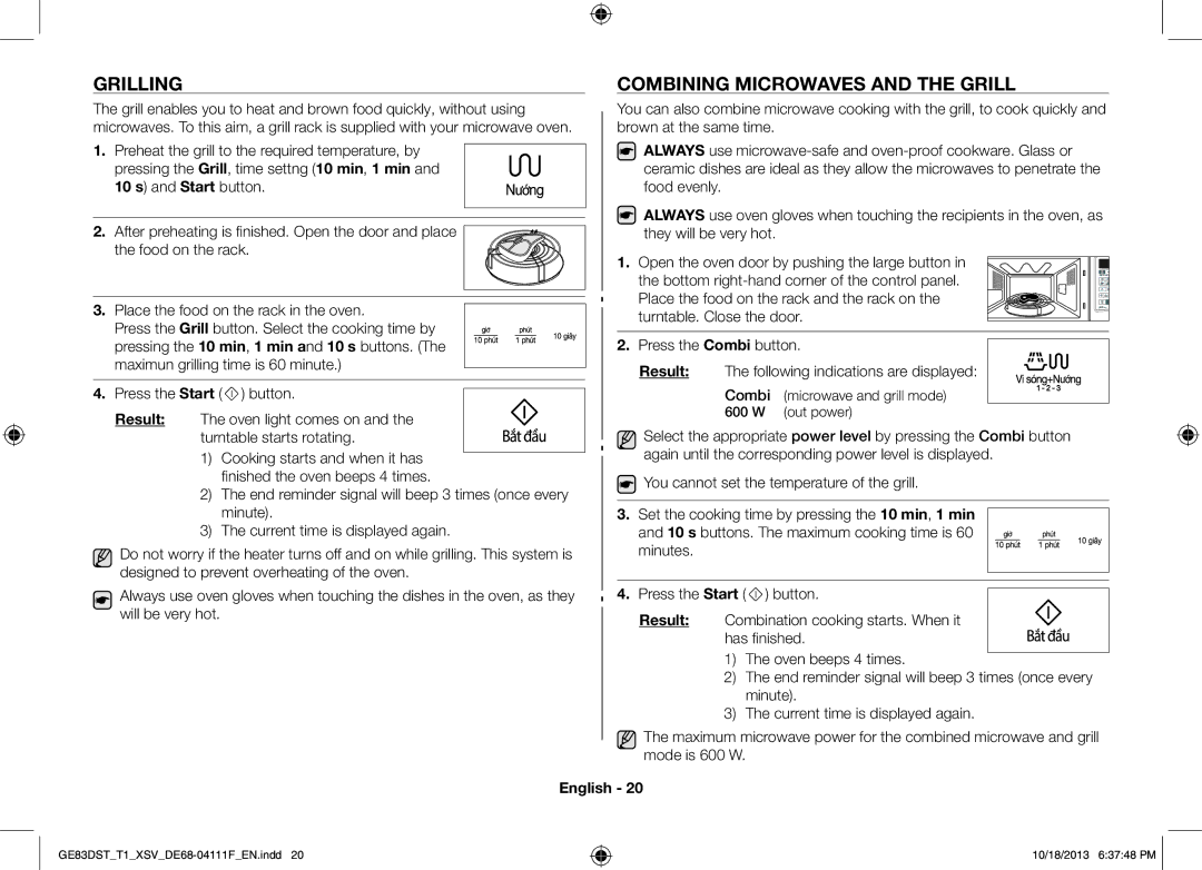 Samsung GE83DST-T1/XSV manual Grilling, Combining Microwaves and the Grill 