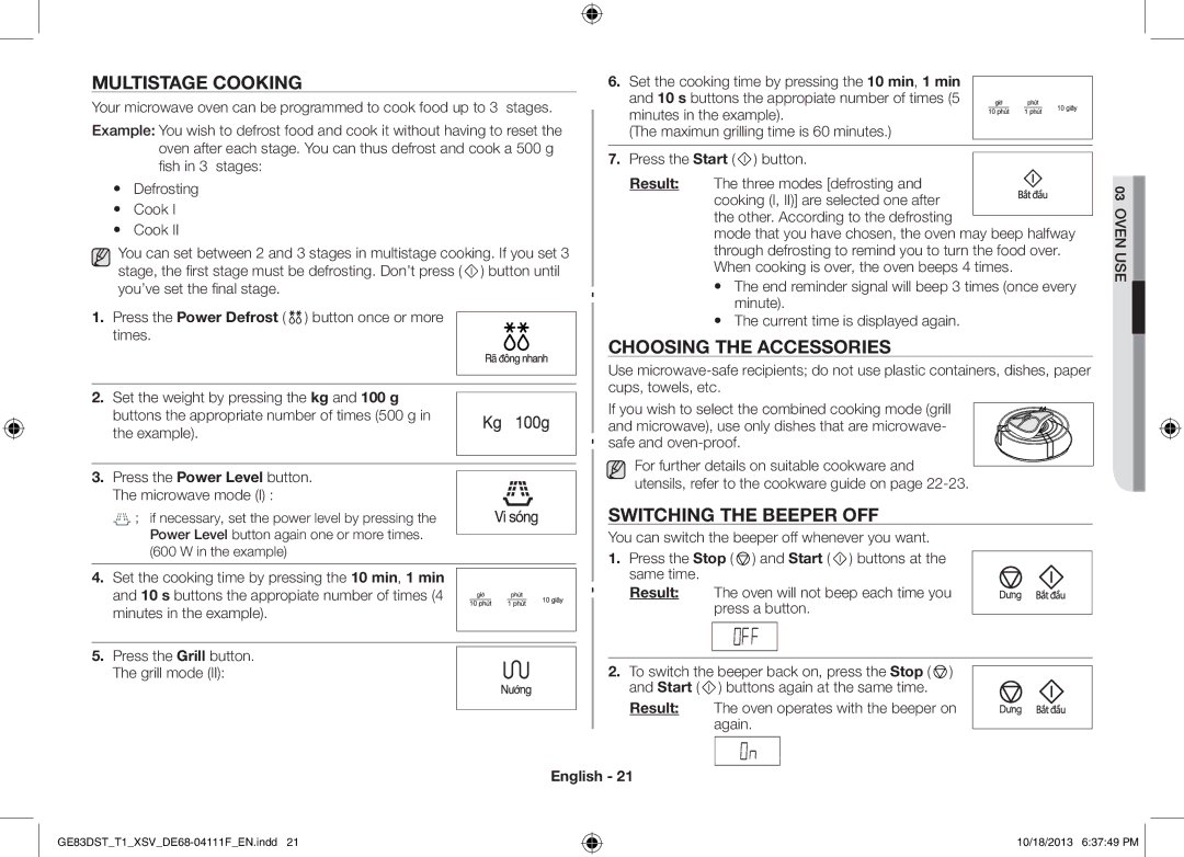 Samsung GE83DST-T1/XSV manual Multistage Cooking, Choosing the Accessories, Switching the Beeper OFF 