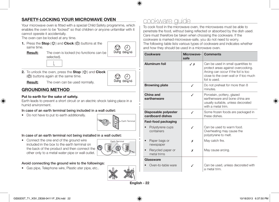 Samsung GE83DST-T1/XSV manual Cookware guide, SAFETY-LOCKING Your Microwave Oven, Grounding Method 