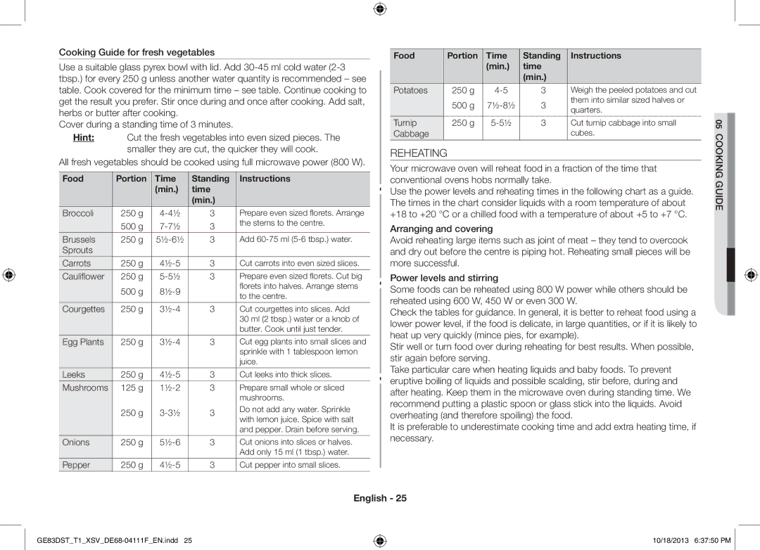 Samsung GE83DST-T1/XSV manual Reheating, Food Portion Time Standing Instructions Min 