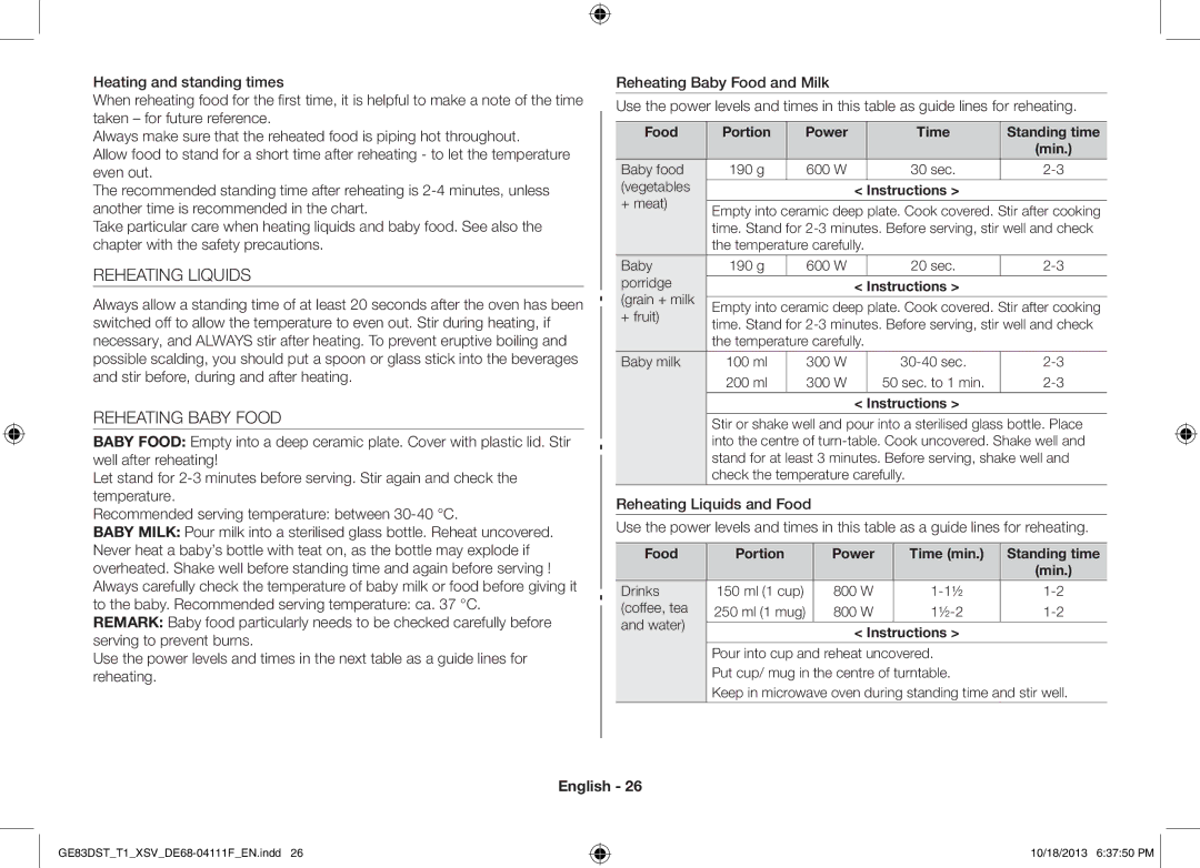 Samsung GE83DST-T1/XSV manual Reheating Liquids, Reheating Baby Food, Food Portion Power Time Standing time 