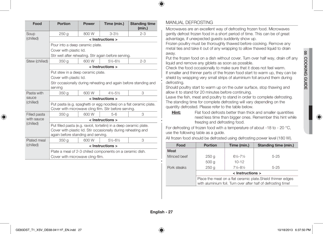 Samsung GE83DST-T1/XSV manual Manual Defrosting, Soup, W Chilled Instructions, Food Portion Time min Standing time min 