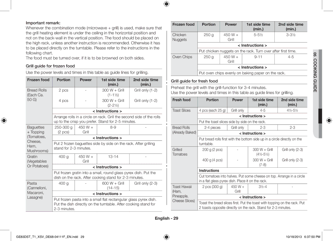 Samsung GE83DST-T1/XSV manual Frozen food Portion Power 1st side time 2nd side time, Toast Slices 