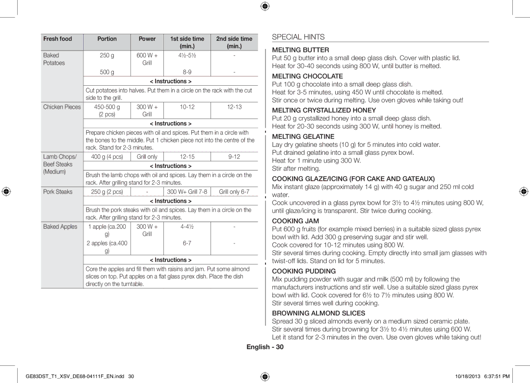 Samsung GE83DST-T1/XSV manual Special Hints, Stir several times well during cooking 