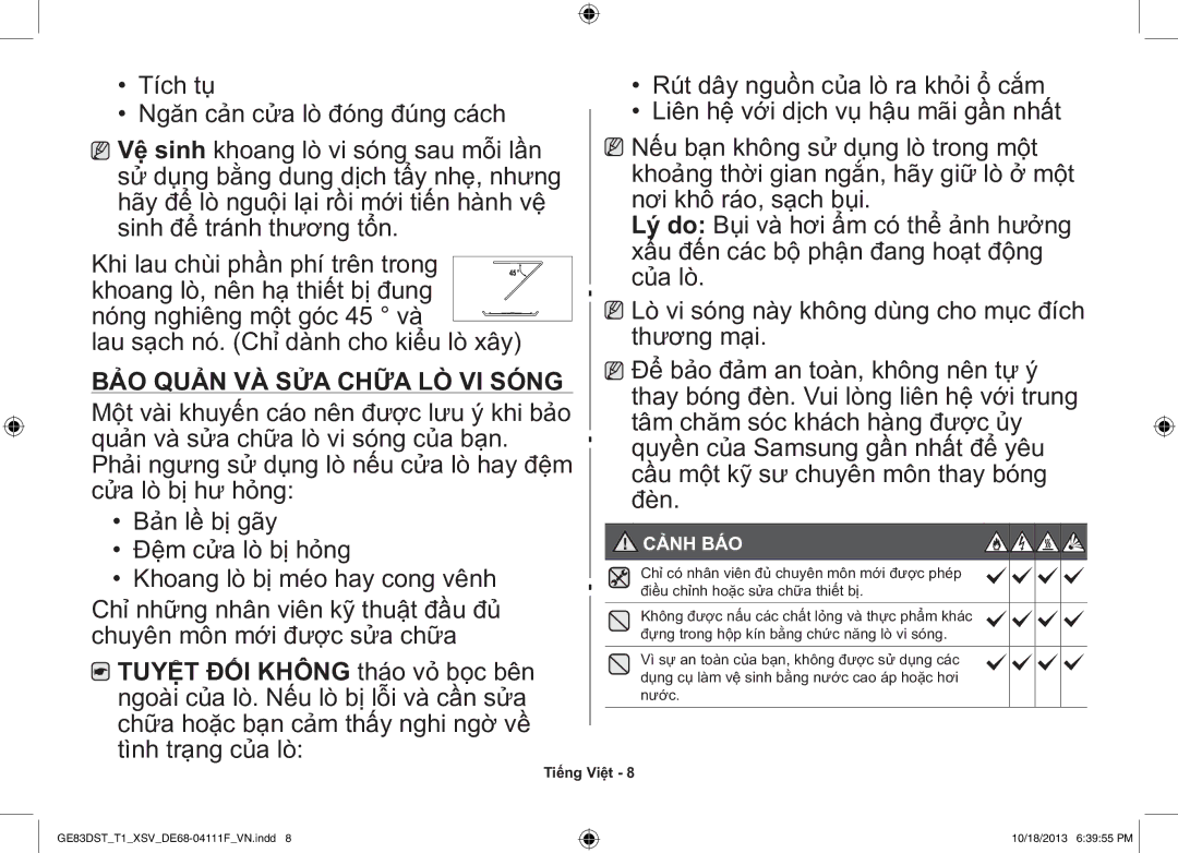 Samsung GE83DST-T1/XSV manual BẢO Quản VÀ SỬA Chữa LÒ VI Sóng, Cảnh BÁO 