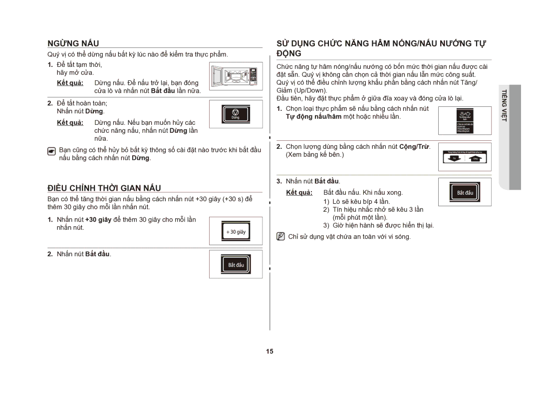 Samsung GE83DSTT/XSV manual Ngừng nấu, Điều chỉnh thời gian nấu, Sử dụng chức năng hâm nóng/nấu nướng tự động 